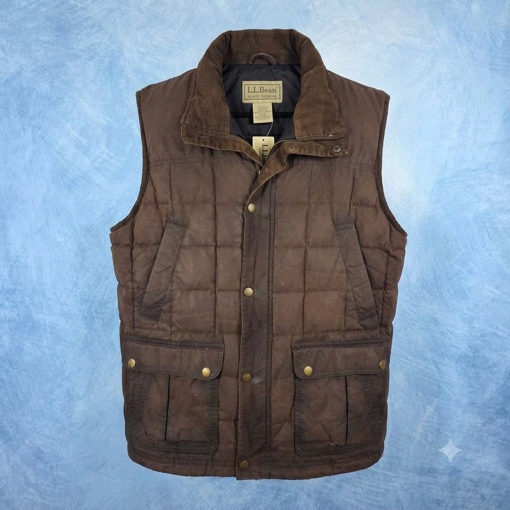 LL Bean Mens Brown Waxed Cotton Duck Down Puffer Vest Corduroy Collar Large